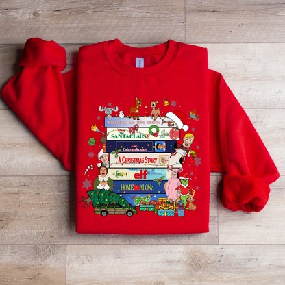 Retro Christmas VHS Tapes Sweatshirt | Grinch, Elf, Santa Claus Movie Pullover | Nostalgic Holiday Apparel