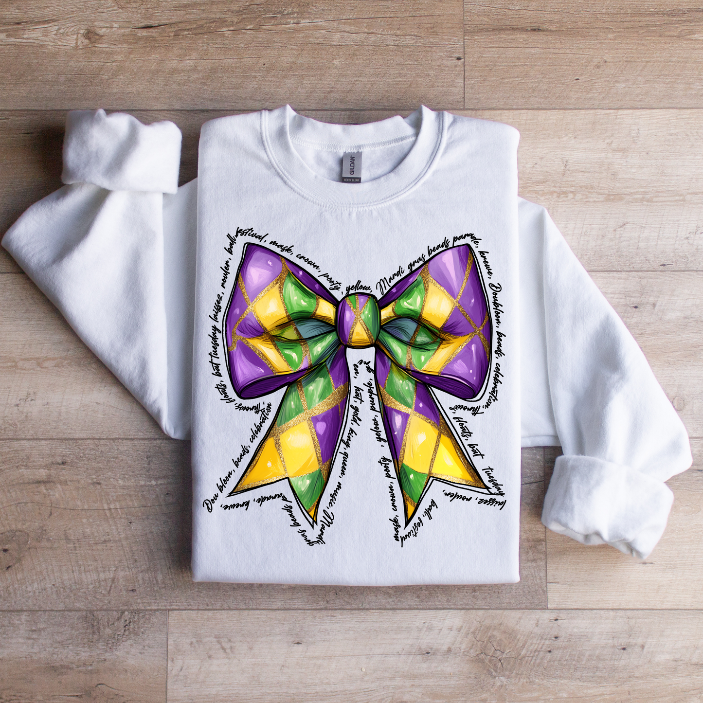 Mardi Gras Coquette Bow Sweatshirt | Festive Bow Graphic Tee | Trendy Carnival Top