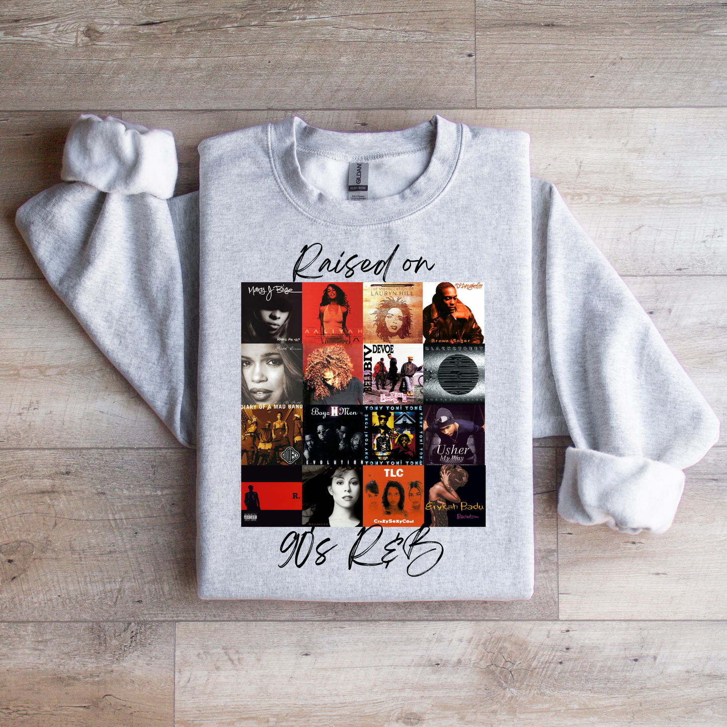 Raised on 90’s R&B Album Cover Sweatshirt | Nostalgic Music Graphic Tee | Retro Music Apparel