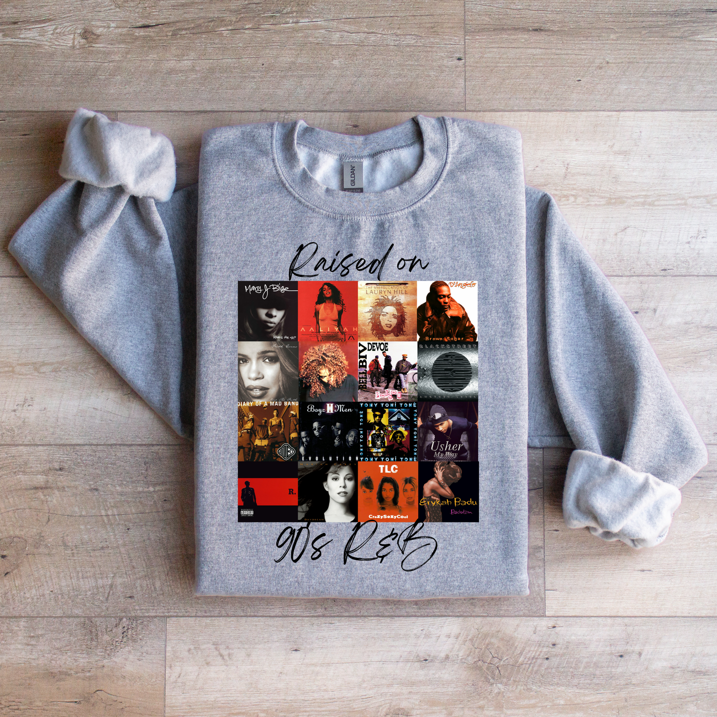 Raised on 90’s R&B Album Cover Sweatshirt | Nostalgic Music Graphic Tee | Retro Music Apparel