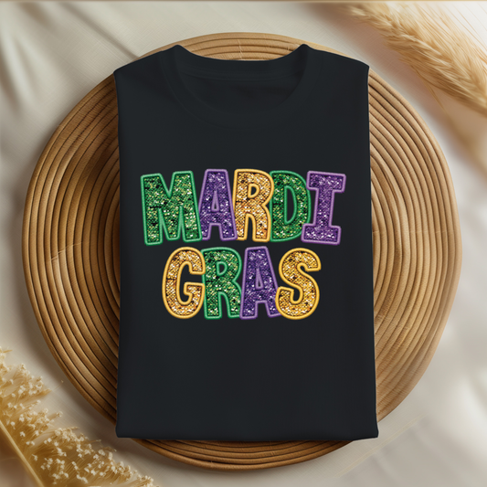 Faux Embroidered Sequin Mardi Gras Shirt | Festive Carnival Shirt | Cozy Mardi Gras Apparel