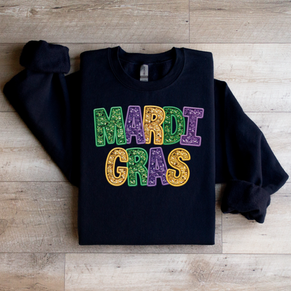 Youth Faux Embroidered Sequin Mardi Gras Sweatshirt | Festive Carnival Pullover | Cozy Mardi Gras Apparel