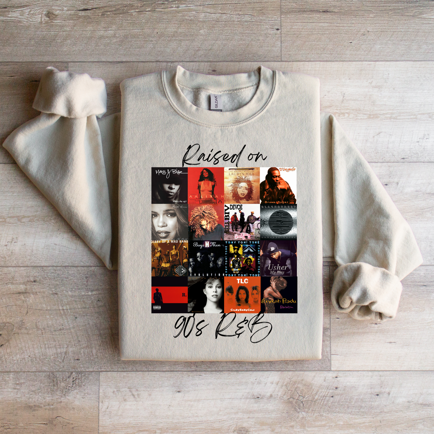 Raised on 90’s R&B Album Cover Sweatshirt | Nostalgic Music Graphic Tee | Retro Music Apparel