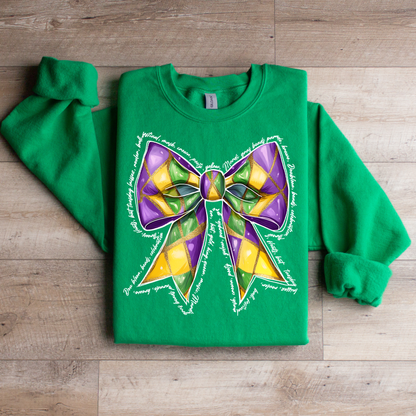 Mardi Gras Coquette Bow Sweatshirt | Festive Bow Graphic Tee | Trendy Carnival Top