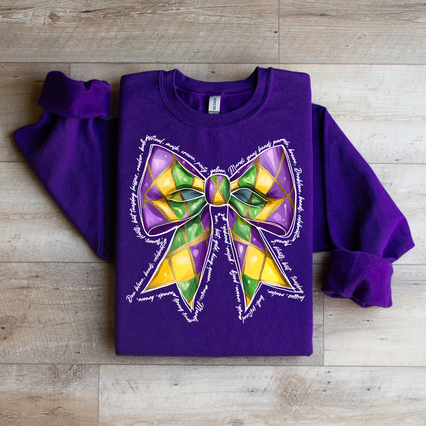 Mardi Gras Coquette Bow Sweatshirt | Festive Bow Graphic Tee | Trendy Carnival Top