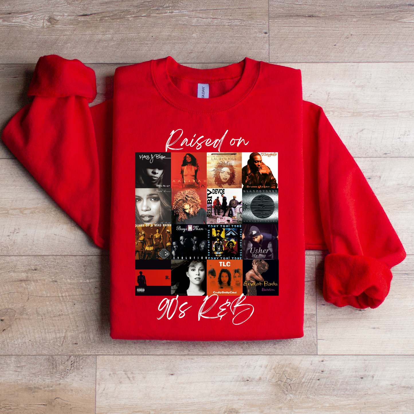 Raised on 90’s R&B Album Cover Sweatshirt | Nostalgic Music Graphic Tee | Retro Music Apparel