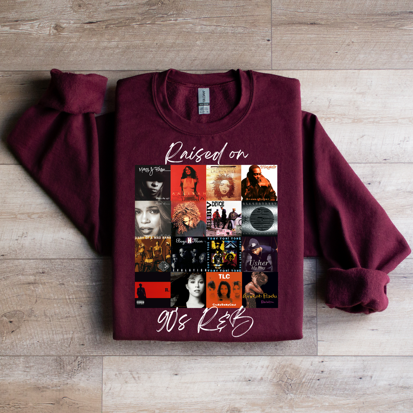 Raised on 90’s R&B Album Cover Sweatshirt | Nostalgic Music Graphic Tee | Retro Music Apparel