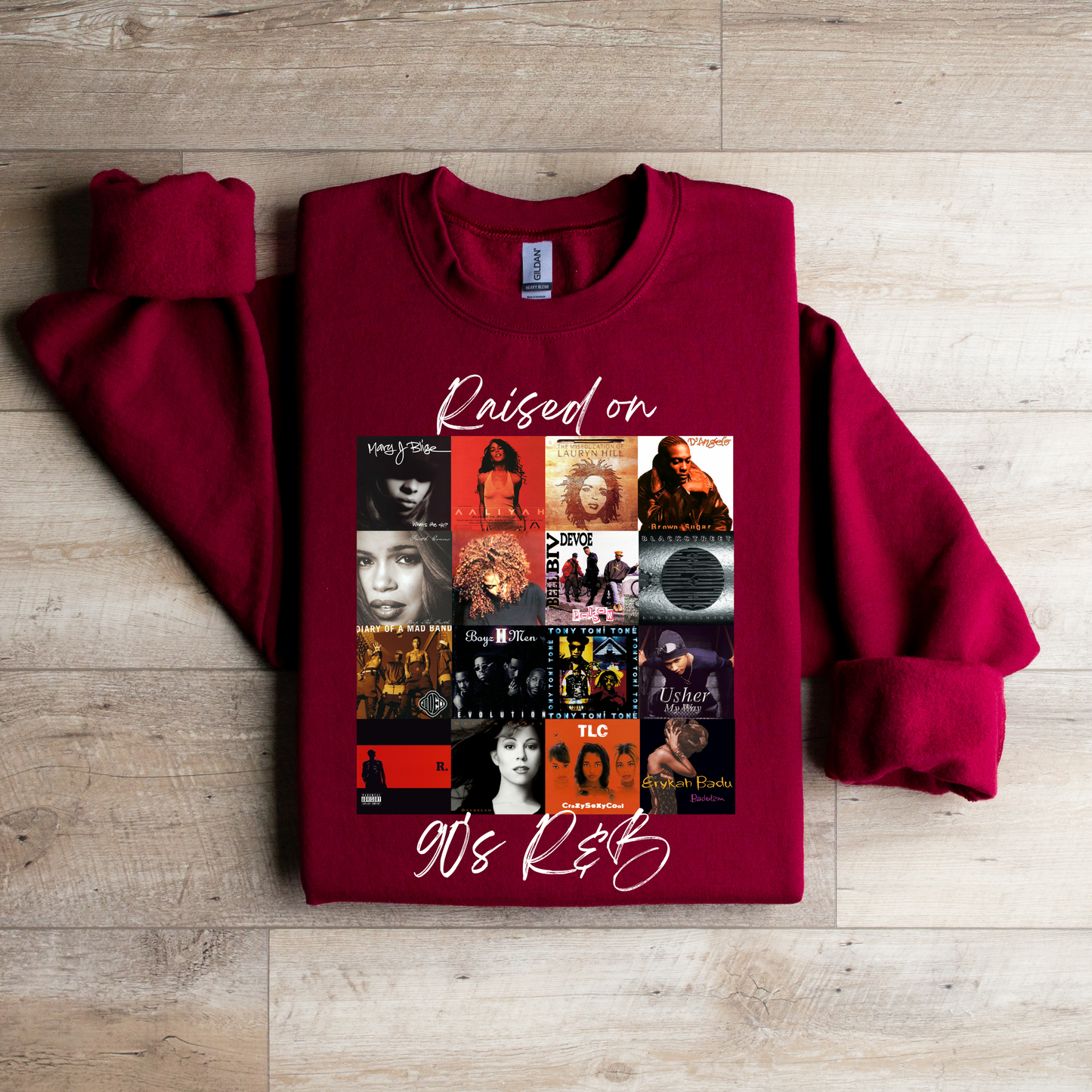 Raised on 90’s R&B Album Cover Sweatshirt | Nostalgic Music Graphic Tee | Retro Music Apparel