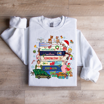 Retro Christmas VHS Tapes Sweatshirt | Grinch, Elf, Santa Claus Movie Pullover | Nostalgic Holiday Apparel