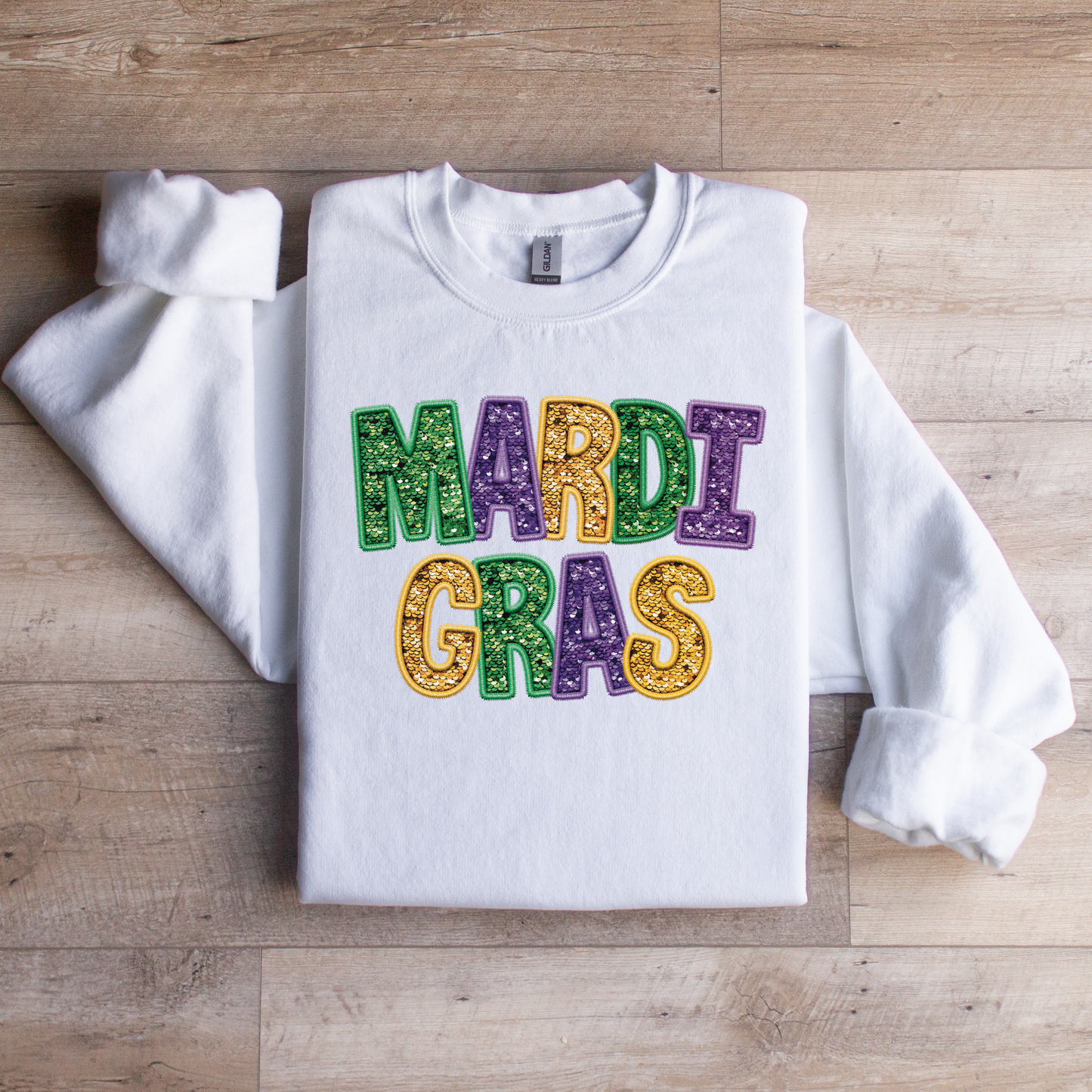 Youth Faux Embroidered Sequin Mardi Gras Sweatshirt | Festive Carnival Pullover | Cozy Mardi Gras Apparel