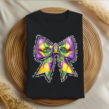 Youth Mardi Gras Coquette Bow Shirt | Festive Bow Graphic Tee | Trendy Carnival Top