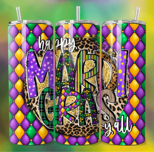 Happy Mardi Gras Y’all 20 oz Tumbler | Insulated Stainless Steel Cup | Festive Carnival Drinkware