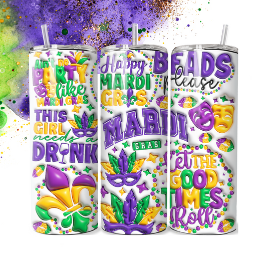 3D Mardi Gras 20 oz Tumbler | Insulated Stainless Steel Cup | Festive Carnival Drinkware