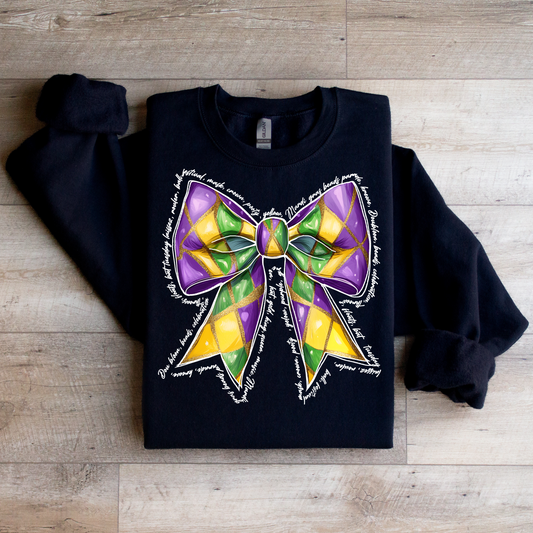 Mardi Gras Coquette Bow Sweatshirt | Festive Bow Graphic Tee | Trendy Carnival Top